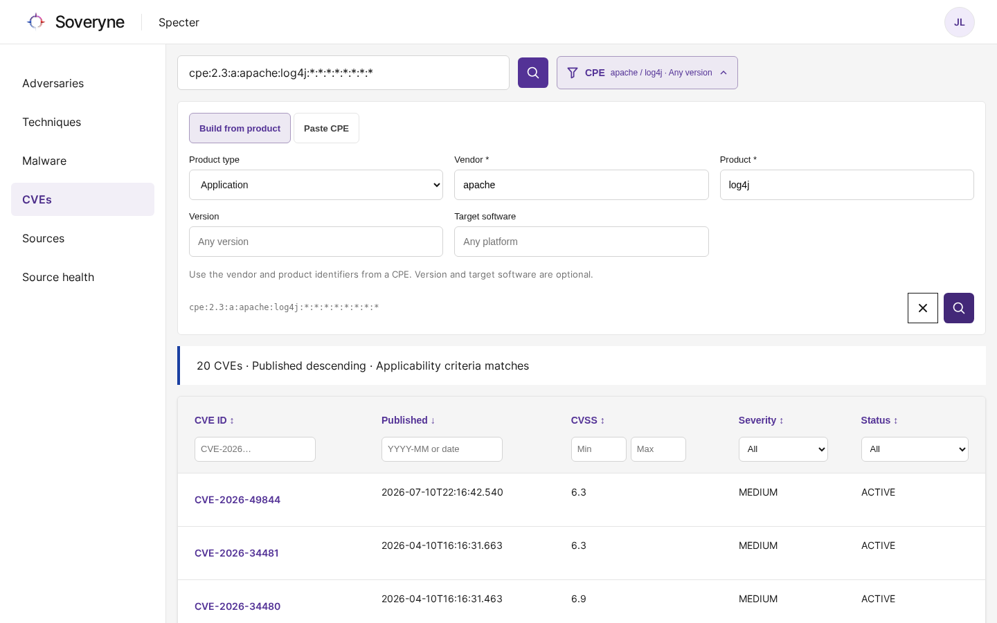 The CPE product filter built for apache / log4j, with the matching CVEs below