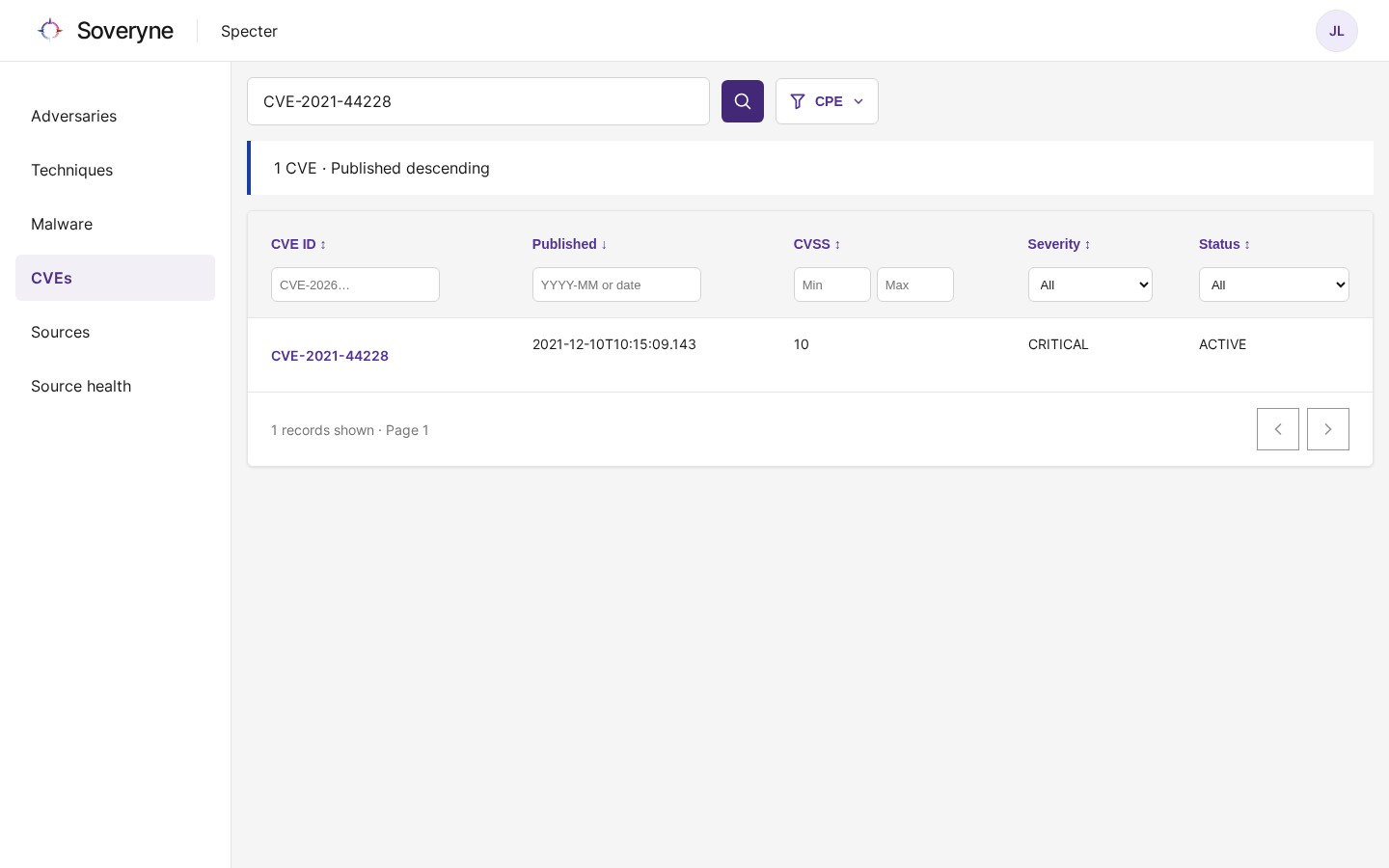 The CVEs page after a search for one CVE ID