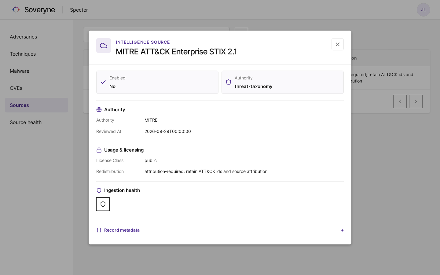 The record of the MITRE ATT&CK Enterprise source with its licensing terms